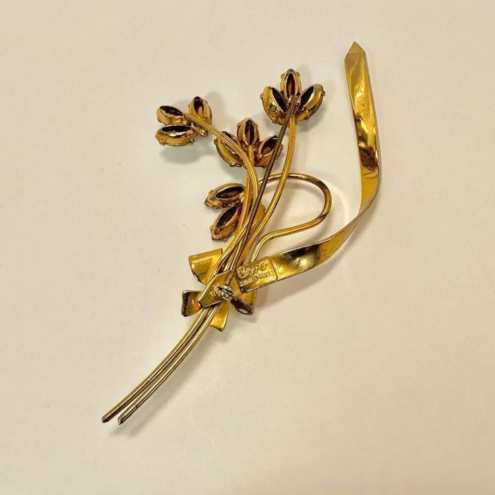 Coro Sterling silver craft gold plated and blue flower rhinestone vintage brooch